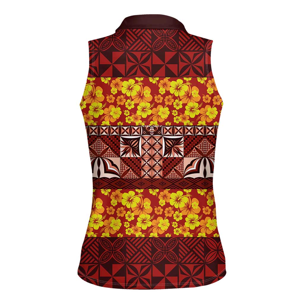 Samoa Siapo and Tapa Women Sleeveless Polo Shirt Pacific Tribal Pattern with Hibiscus Striped Style LT03 - Polynesian Pride