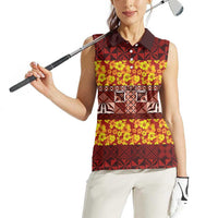 Samoa Siapo and Tapa Women Sleeveless Polo Shirt Pacific Tribal Pattern with Hibiscus Striped Style LT03 - Polynesian Pride