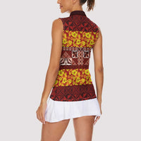 Samoa Siapo and Tapa Women Sleeveless Polo Shirt Pacific Tribal Pattern with Hibiscus Striped Style LT03 - Polynesian Pride