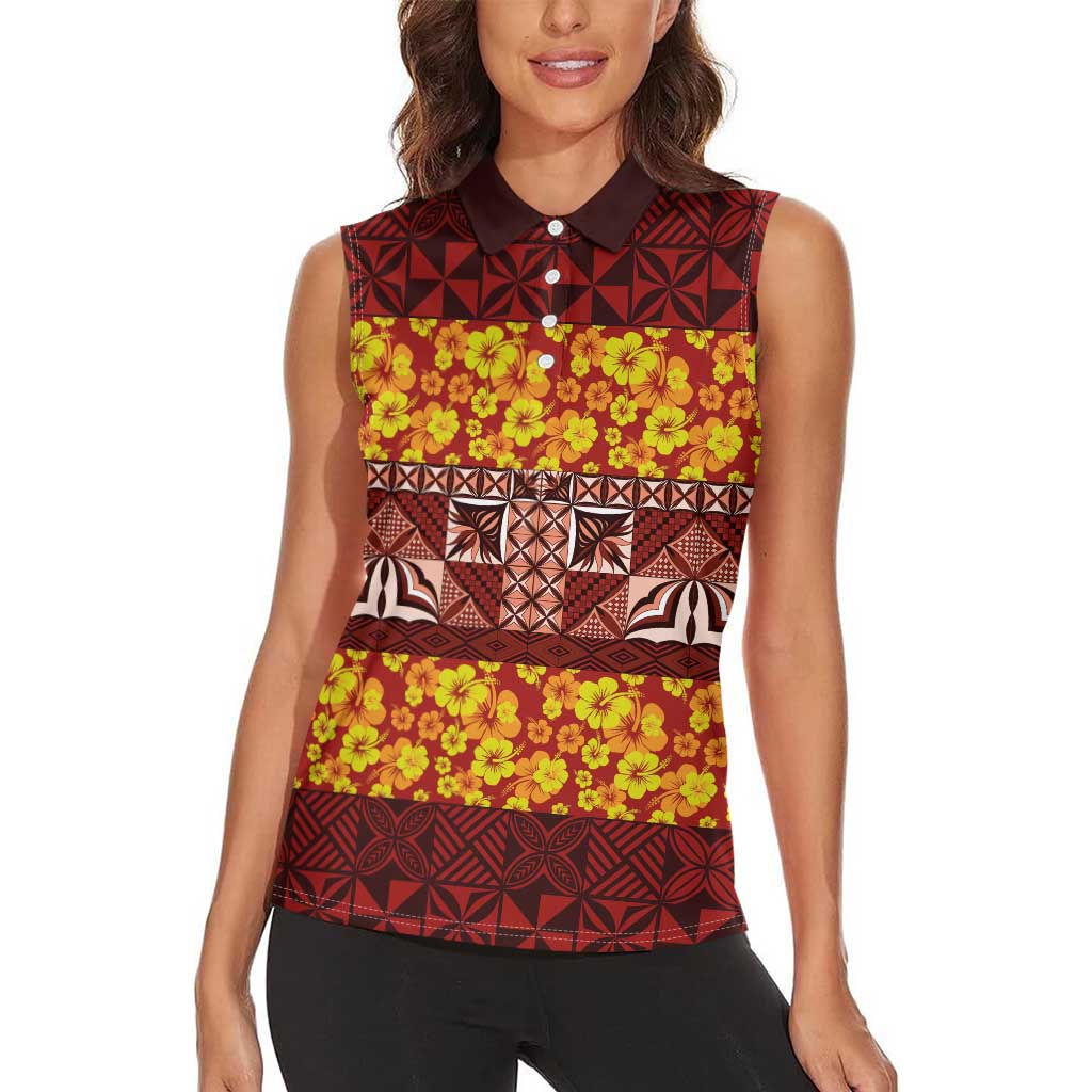 Samoa Siapo and Tapa Women Sleeveless Polo Shirt Pacific Tribal Pattern with Hibiscus Striped Style LT03 - Polynesian Pride