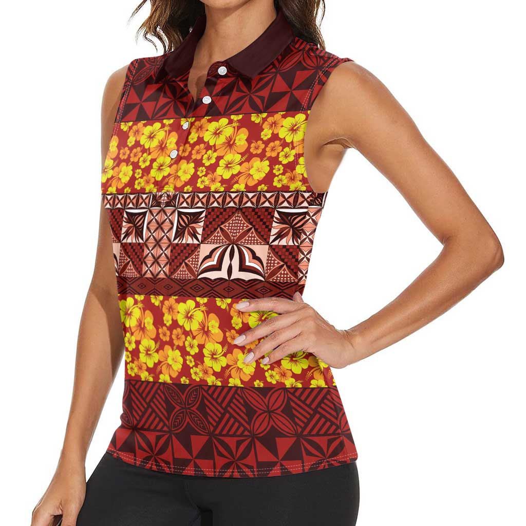 Samoa Siapo and Tapa Women Sleeveless Polo Shirt Pacific Tribal Pattern with Hibiscus Striped Style LT03 - Polynesian Pride