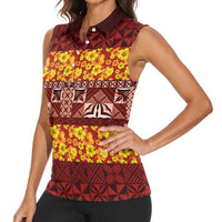 Samoa Siapo and Tapa Women Sleeveless Polo Shirt Pacific Tribal Pattern with Hibiscus Striped Style LT03 - Polynesian Pride