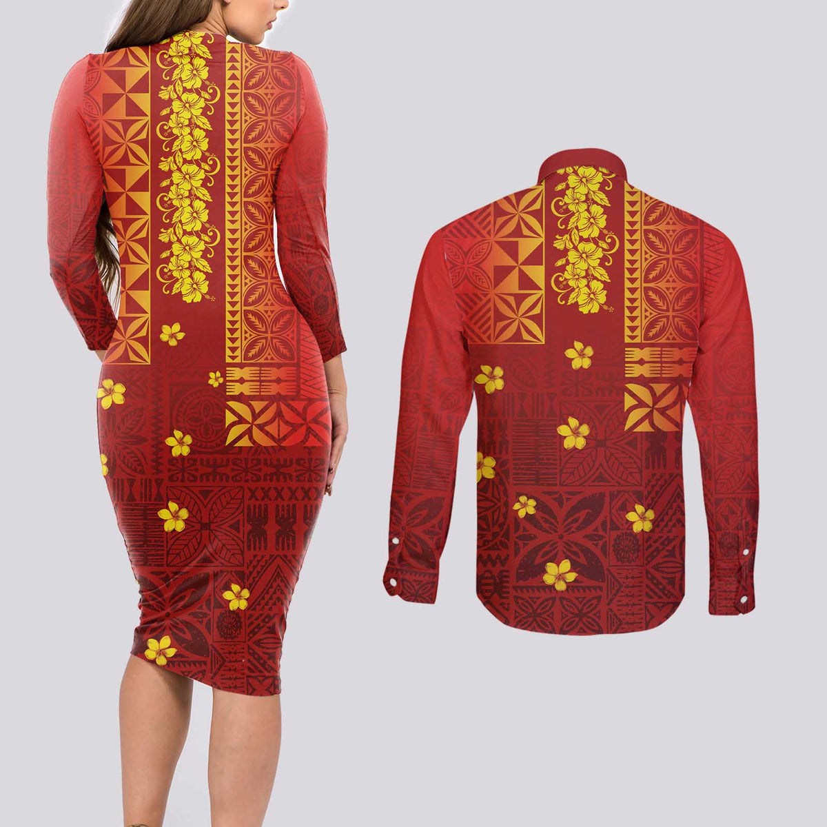 Samoa Tapa Pacific Tribal Pattern Couples Matching Long Sleeve Bodycon Dress and Long Sleeve Button Shirt Hibiscus and Plumeria