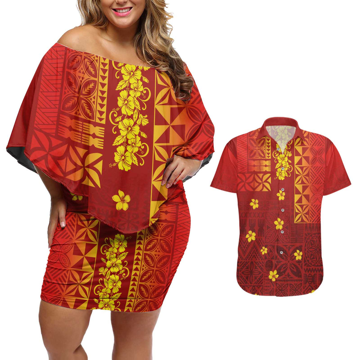 Samoa Tapa Pacific Tribal Pattern Couples Matching Off Shoulder Short Dress and Hawaiian Shirt Hibiscus and Plumeria LT03 Red - Polynesian Pride