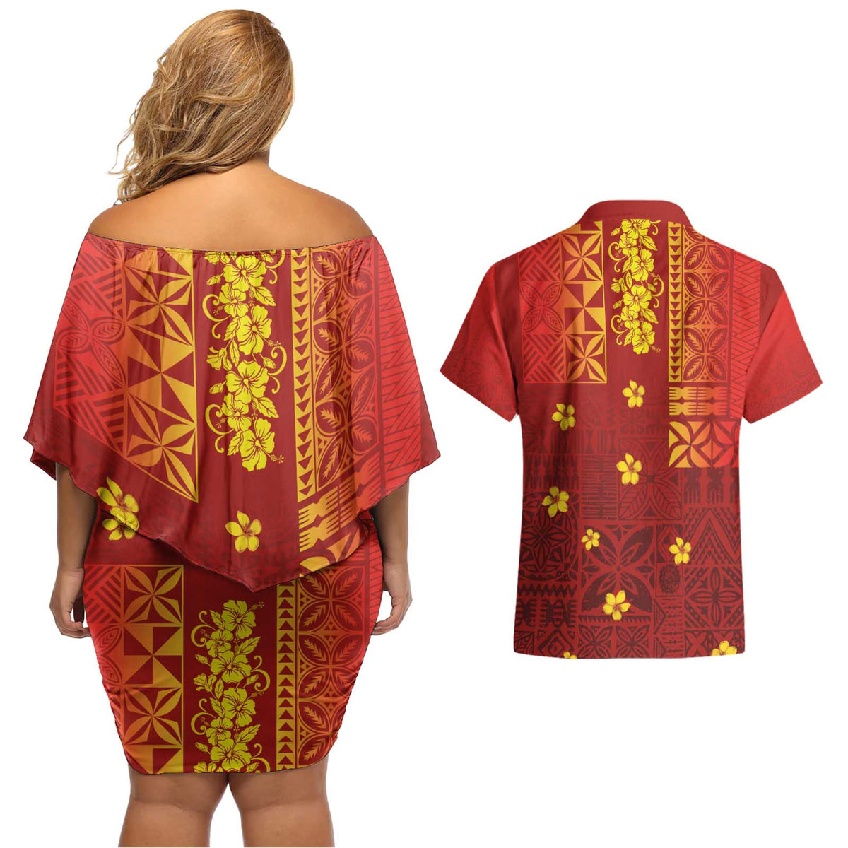 Samoa Tapa Pacific Tribal Pattern Couples Matching Off Shoulder Short Dress and Hawaiian Shirt Hibiscus and Plumeria LT03 - Polynesian Pride