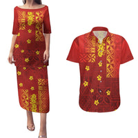 Samoa Tapa Pacific Tribal Pattern Couples Matching Puletasi and Hawaiian Shirt Hibiscus and Plumeria LT03 Red - Polynesian Pride