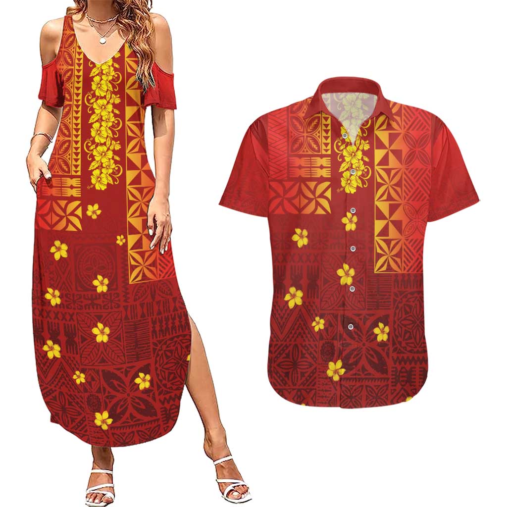 Samoa Tapa Pacific Tribal Pattern Couples Matching Summer Maxi Dress and Hawaiian Shirt Hibiscus and Plumeria LT03 Red - Polynesian Pride