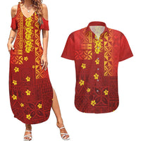 Samoa Tapa Pacific Tribal Pattern Couples Matching Summer Maxi Dress and Hawaiian Shirt Hibiscus and Plumeria LT03 Red - Polynesian Pride