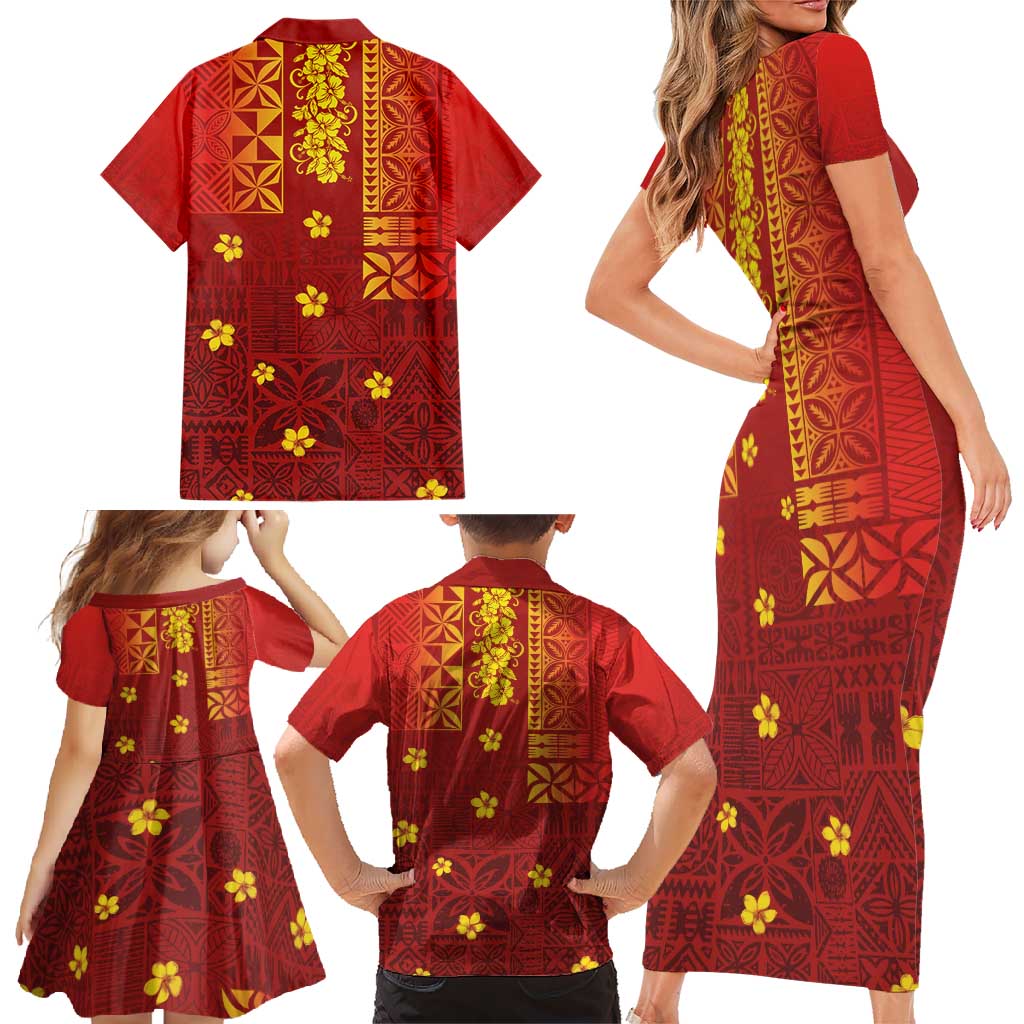 Samoa Tapa Pacific Tribal Pattern Family Matching Short Sleeve Bodycon Dress and Hawaiian Shirt Hibiscus and Plumeria