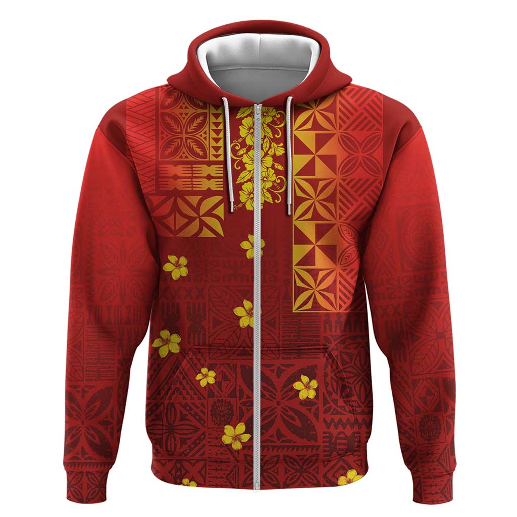 Samoa Tapa Pacific Tribal Pattern Hoodie Hibiscus and Plumeria LT03 Zip Hoodie Red - Polynesian Pride