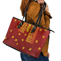Samoa Tapa Pacific Tribal Pattern Leather Tote Bag Hibiscus and Plumeria LT03 - Polynesian Pride