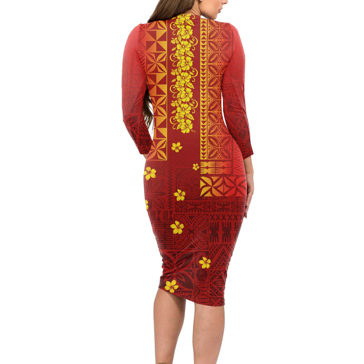 Samoa Tapa Pacific Tribal Pattern Long Sleeve Bodycon Dress Hibiscus a - Polynesian Pride Samoa Tapa Pacific Tribal Pattern Long Sleeve Bodycon Dress Hibiscus a - Polynesian Pride