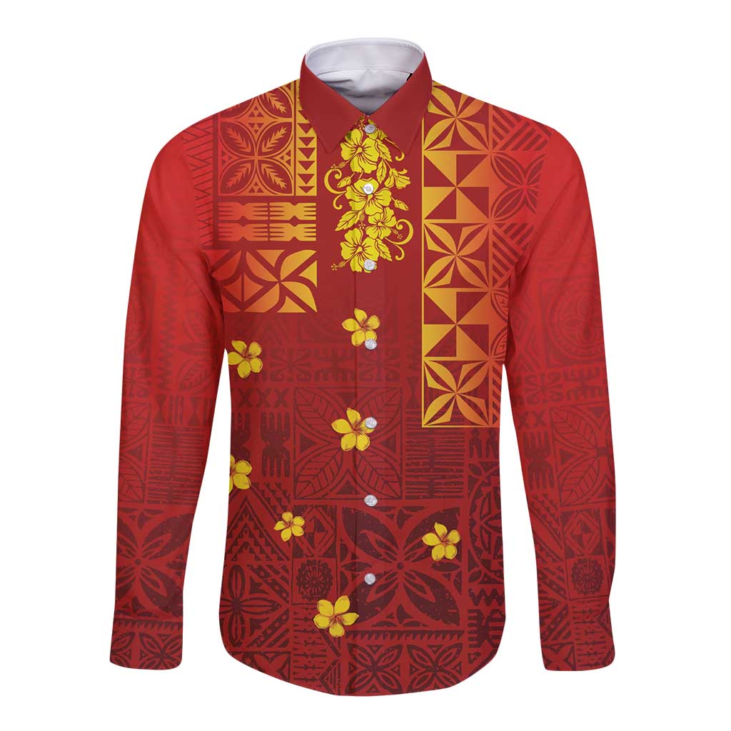 Samoa Tapa Pacific Tribal Pattern Long Sleeve Button Shirt Hibiscus and Plumeria LT03 Unisex Red - Polynesian Pride
