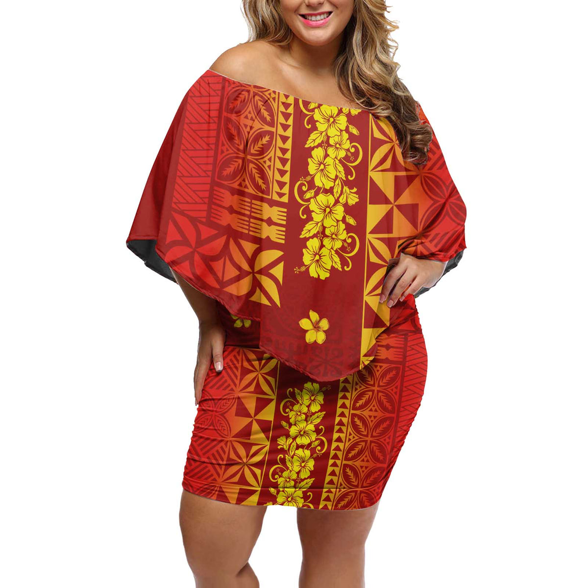 Samoa Tapa Pacific Tribal Pattern Off Shoulder Short Dress Hibiscus and Plumeria LT03 Women Red - Polynesian Pride