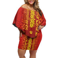 Samoa Tapa Pacific Tribal Pattern Off Shoulder Short Dress Hibiscus and Plumeria LT03 Women Red - Polynesian Pride