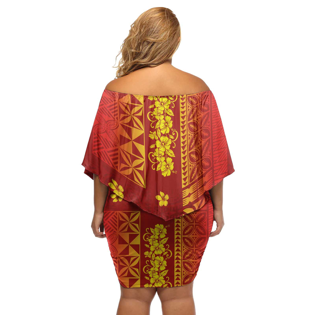 Samoa Tapa Pacific Tribal Pattern Off Shoulder Short Dress Hibiscus and Plumeria LT03 - Polynesian Pride