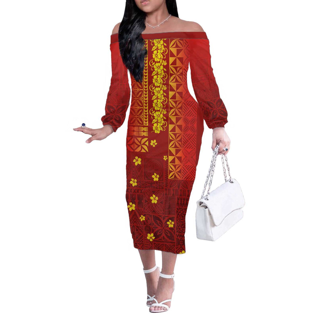 Samoa Tapa Pacific Tribal Pattern Off The Shoulder Long Sleeve Dress Hibiscus and Plumeria LT03 Women Red - Polynesian Pride