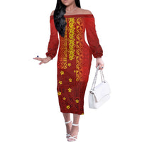 Samoa Tapa Pacific Tribal Pattern Off The Shoulder Long Sleeve Dress Hibiscus and Plumeria LT03 Women Red - Polynesian Pride