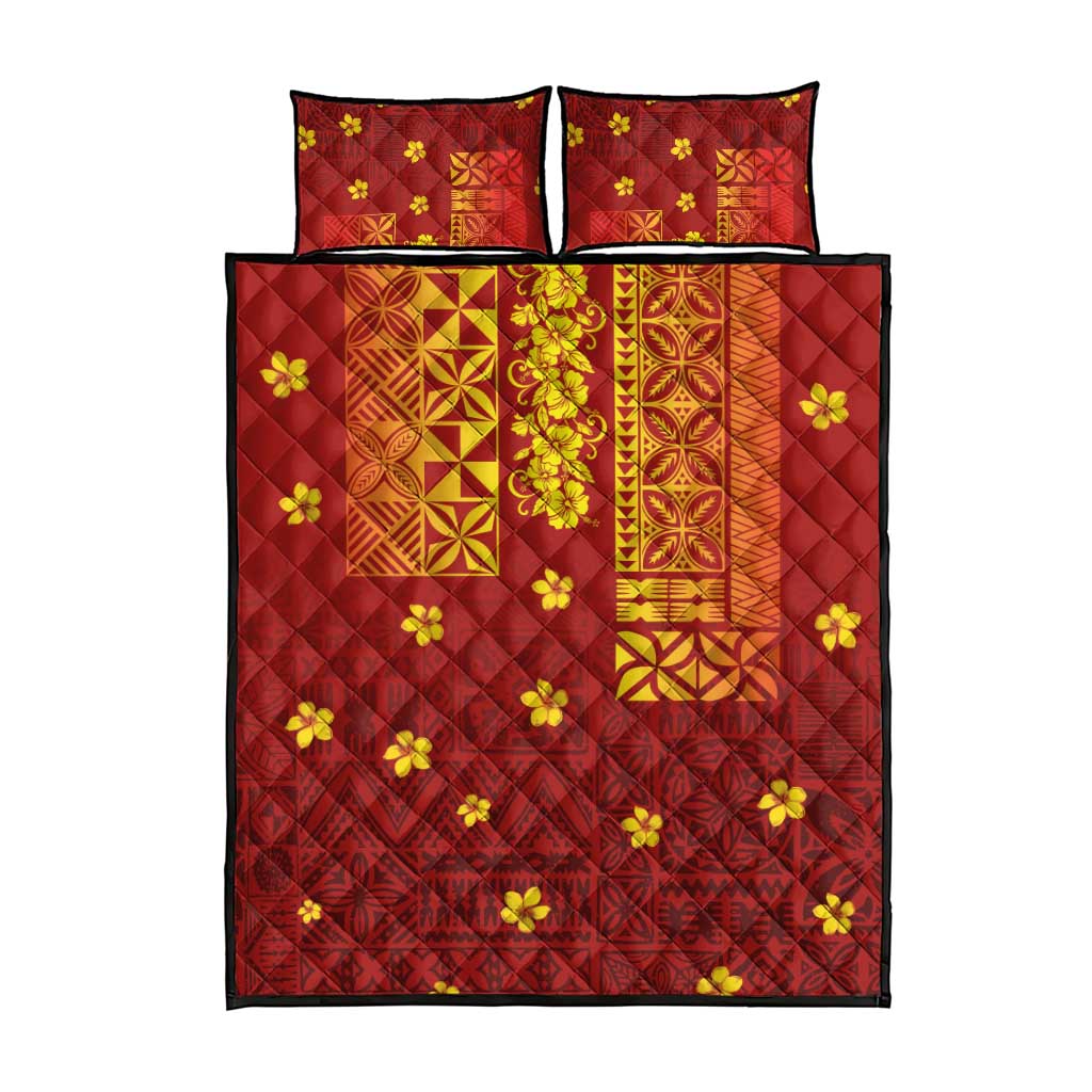 Samoa Tapa Pacific Tribal Pattern Quilt Bed Set Hibiscus and Plumeria