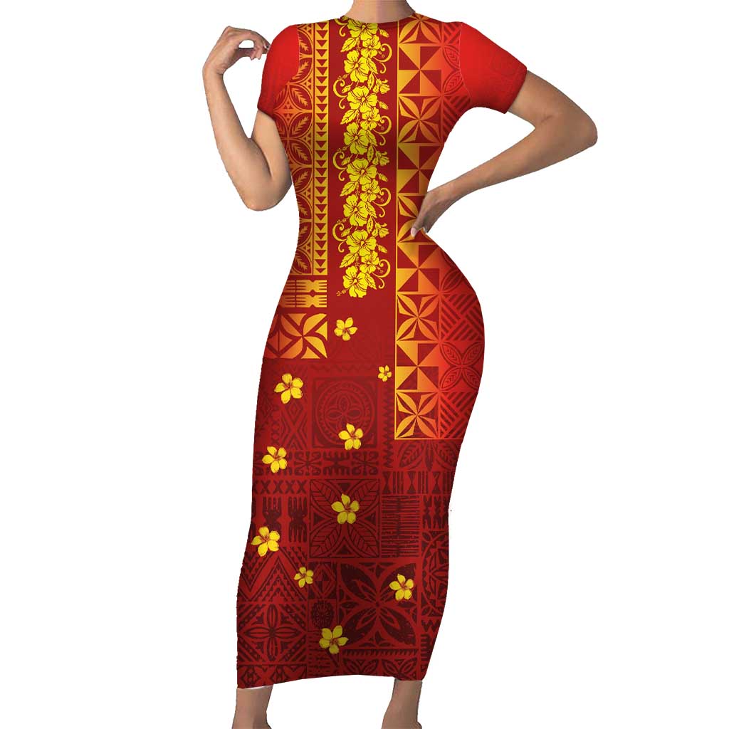 Samoa Tapa Pacific Tribal Pattern Short Sleeve Bodycon Dress Hibiscus