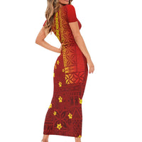 Samoa Tapa Pacific Tribal Pattern Short Sleeve Bodycon Dress Hibiscus and Plumeria LT03 - Polynesian Pride