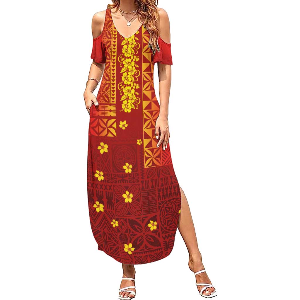 Samoa Tapa Pacific Tribal Pattern Summer Maxi Dress Hibiscus and Plumeria LT03 Women Red - Polynesian Pride