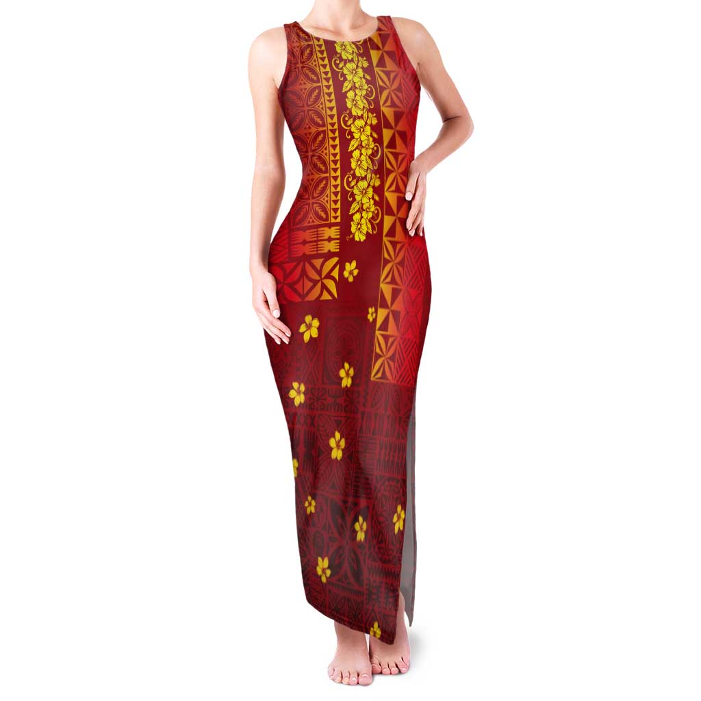 Samoa Tapa Pacific Tribal Pattern Tank Maxi Dress Hibiscus and Plumeria LT03 Women Red - Polynesian Pride