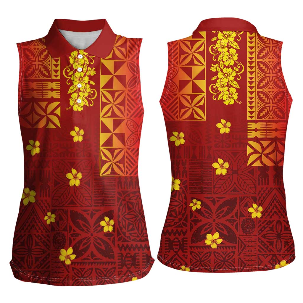 Samoa Tapa Pacific Tribal Pattern Women Sleeveless Polo Shirt - Hibiscus and Plumeria LT03 - Polynesian Pride
