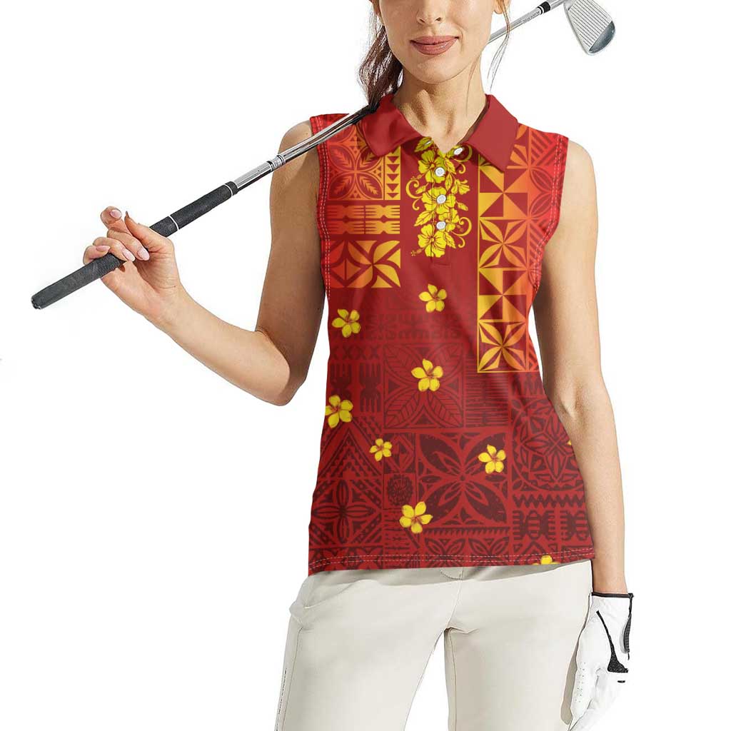 Samoa Tapa Pacific Tribal Pattern Women Sleeveless Polo Shirt - Hibiscus and Plumeria LT03 - Polynesian Pride
