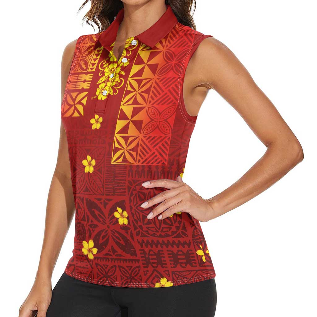 Samoa Tapa Pacific Tribal Pattern Women Sleeveless Polo Shirt - Hibiscus and Plumeria LT03 - Polynesian Pride