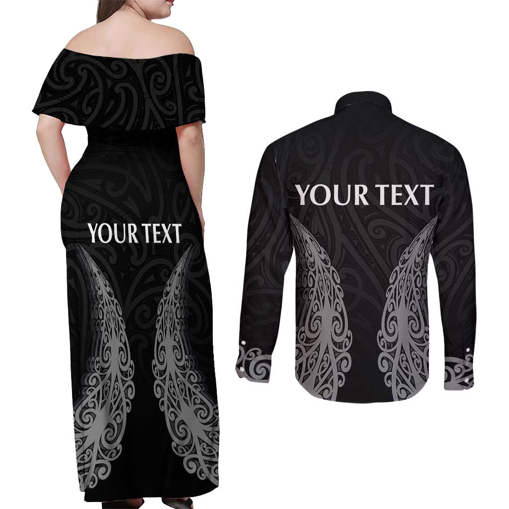 New Zealand Netball Couples Matching Off Shoulder Maxi Dress and Long Sleeve Button Shirt Koru and Maori Tattoo Jersey