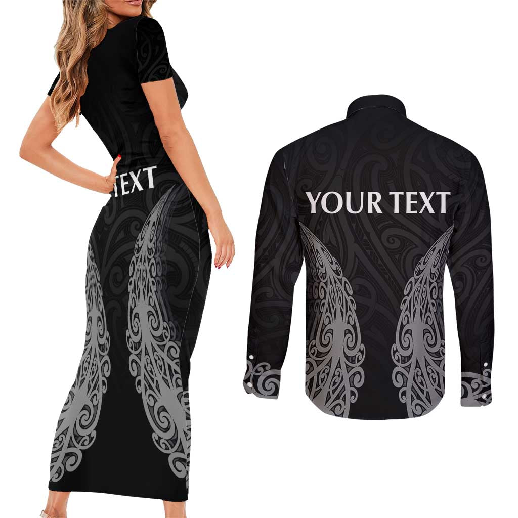 New Zealand Netball Couples Matching Short Sleeve Bodycon Dress and Long Sleeve Button Shirt Koru and Maori Tattoo Jersey