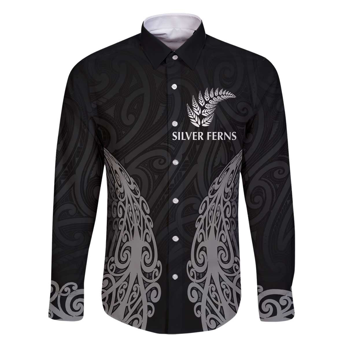 New Zealand Netball Family Matching Off The Shoulder Long Sleeve Dress and Hawaiian Shirt Koru and Maori Tattoo Jersey LT03 Dad's Shirt - Long Sleeve Black - Polynesian Pride