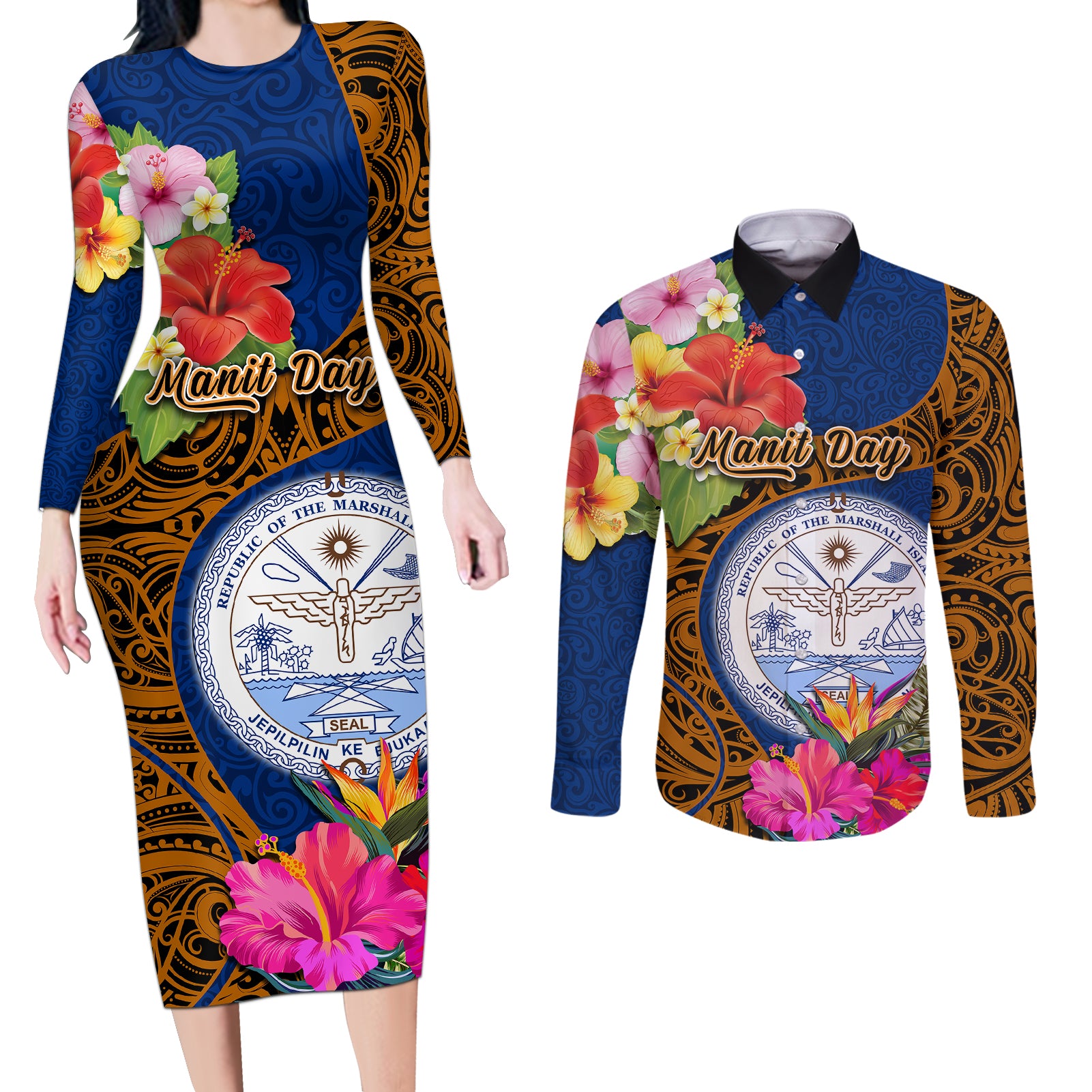 marshall-islands-manit-day-couples-matching-long-sleeve-bodycon-dress-and-long-sleeve-button-shirts-marshall-seal-mix-hibiscus-flower-maori-pattern-style
