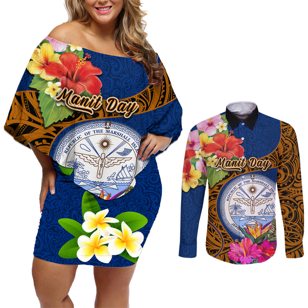 marshall-islands-manit-day-couples-matching-off-shoulder-short-dress-and-long-sleeve-button-shirts-marshall-seal-mix-hibiscus-flower-maori-pattern-style