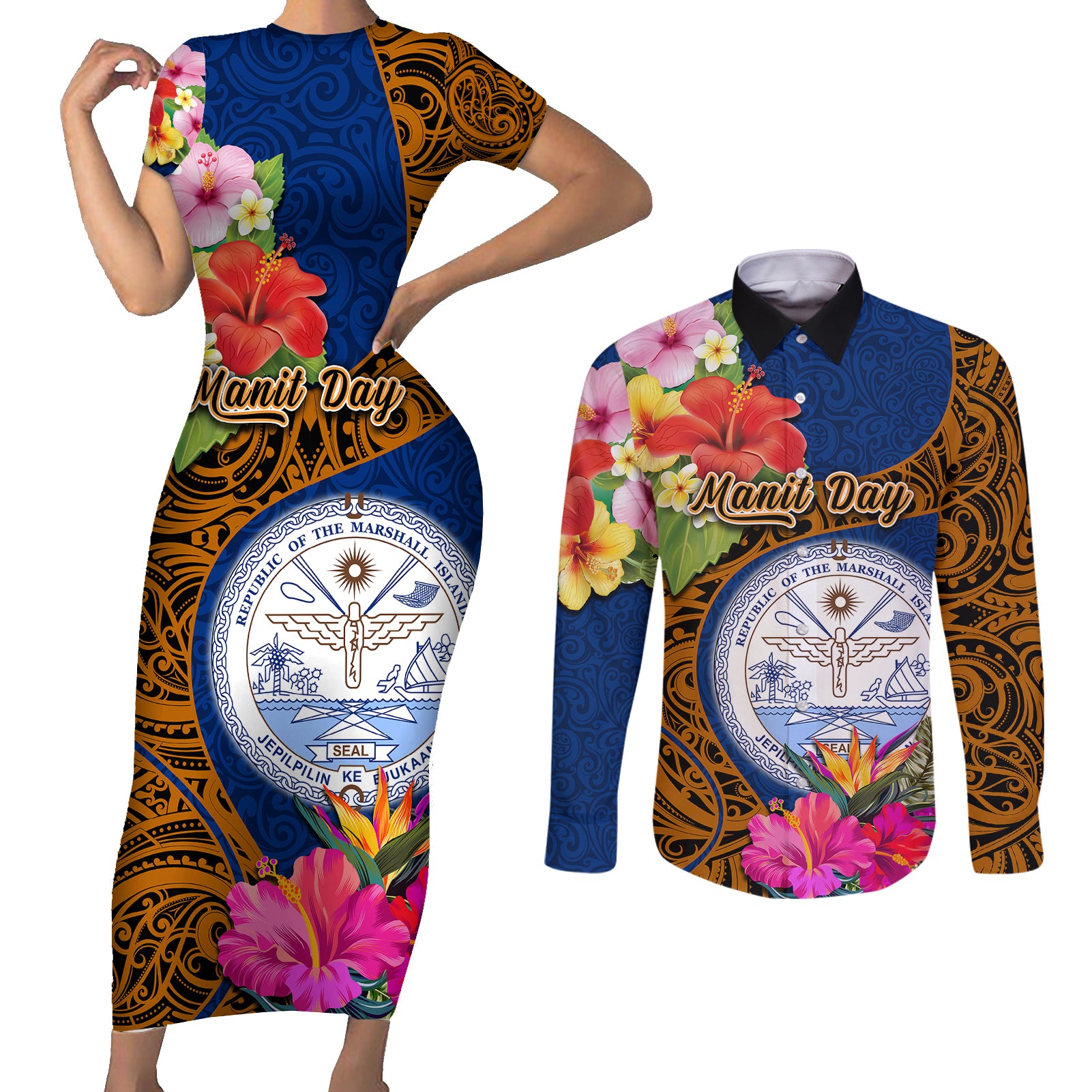 marshall-islands-manit-day-couples-matching-short-sleeve-bodycon-dress-and-long-sleeve-button-shirts-marshall-seal-mix-hibiscus-flower-maori-pattern-style