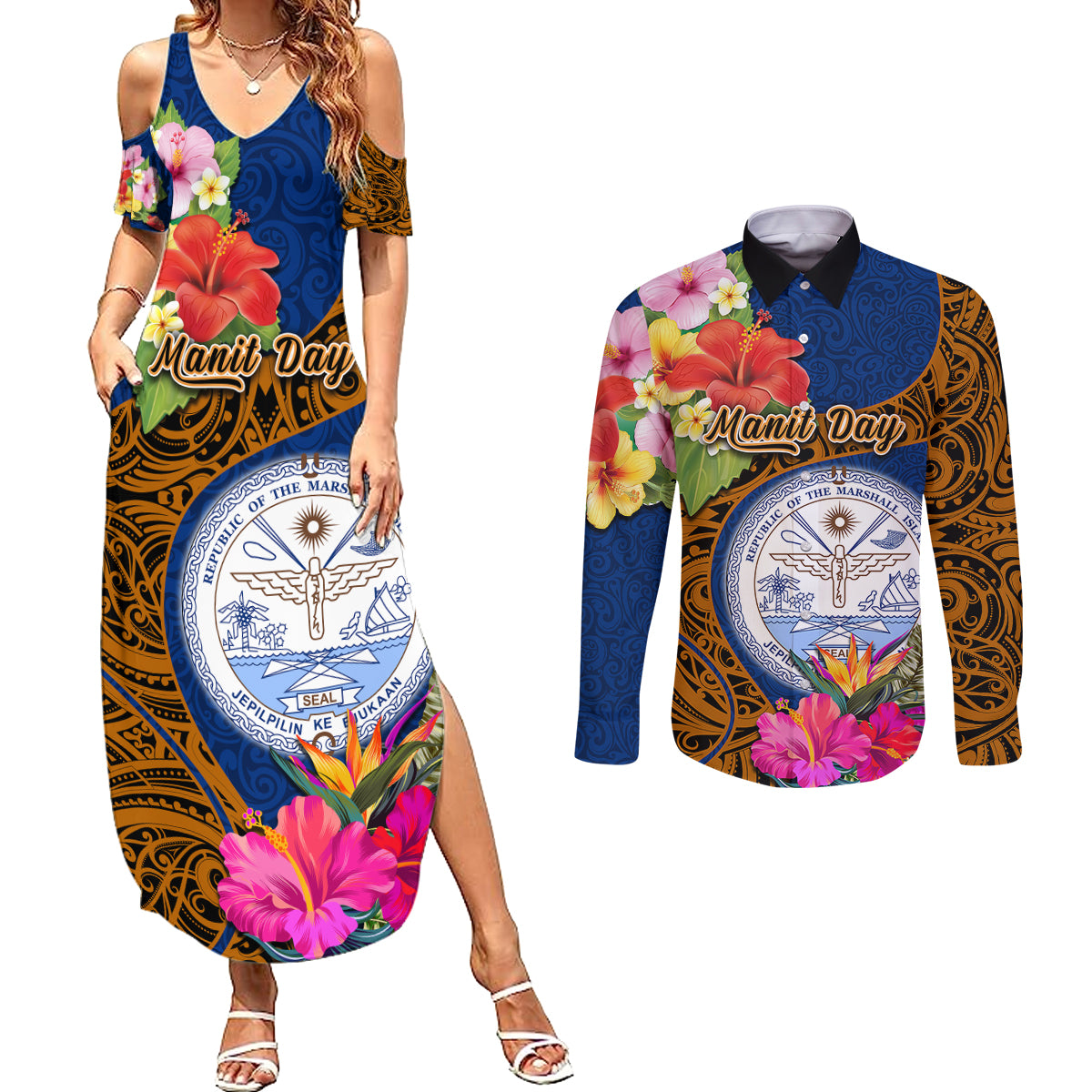 marshall-islands-manit-day-couples-matching-summer-maxi-dress-and-long-sleeve-button-shirts-marshall-seal-mix-hibiscus-flower-maori-pattern-style