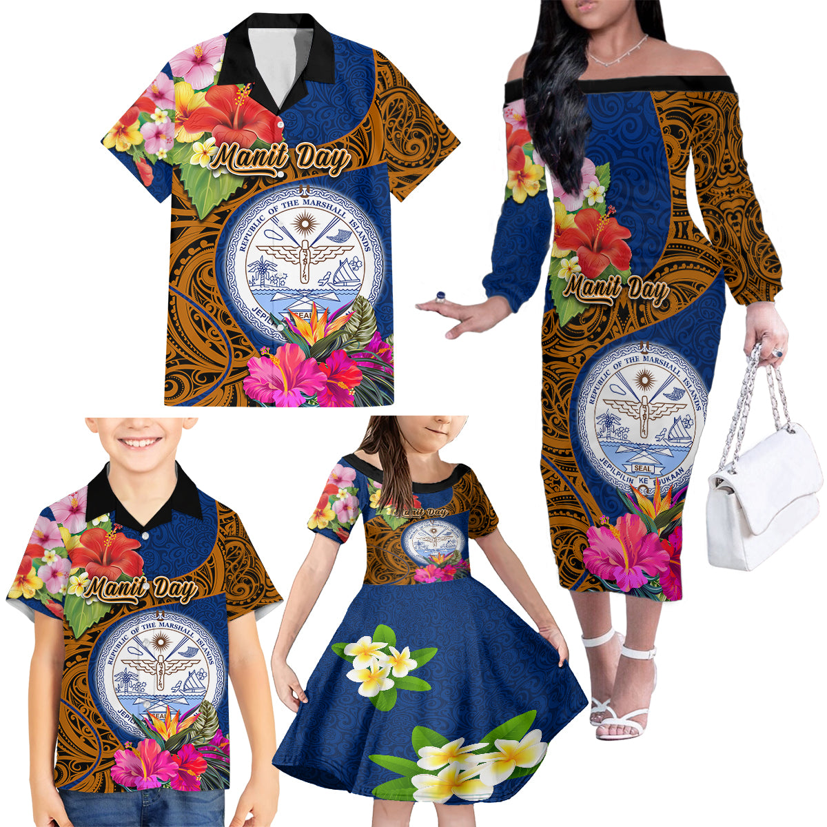 marshall-islands-manit-day-family-matching-off-shoulder-long-sleeve-dress-and-hawaiian-shirt-marshall-seal-mix-hibiscus-flower-maori-pattern-style