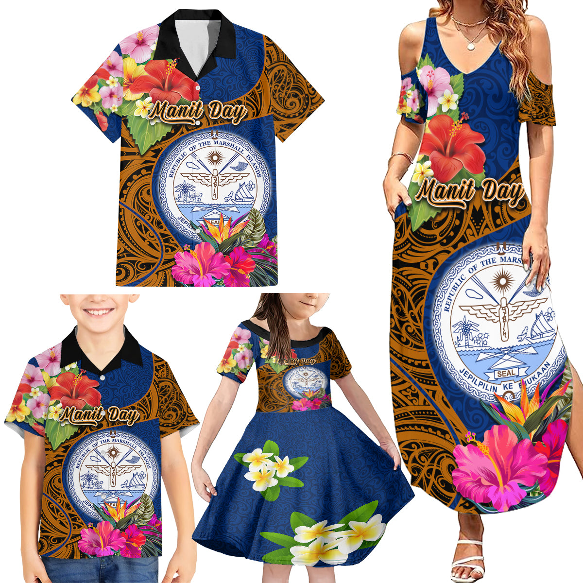marshall-islands-manit-day-family-matching-summer-maxi-dress-and-hawaiian-shirt-marshall-seal-mix-hibiscus-flower-maori-pattern-style