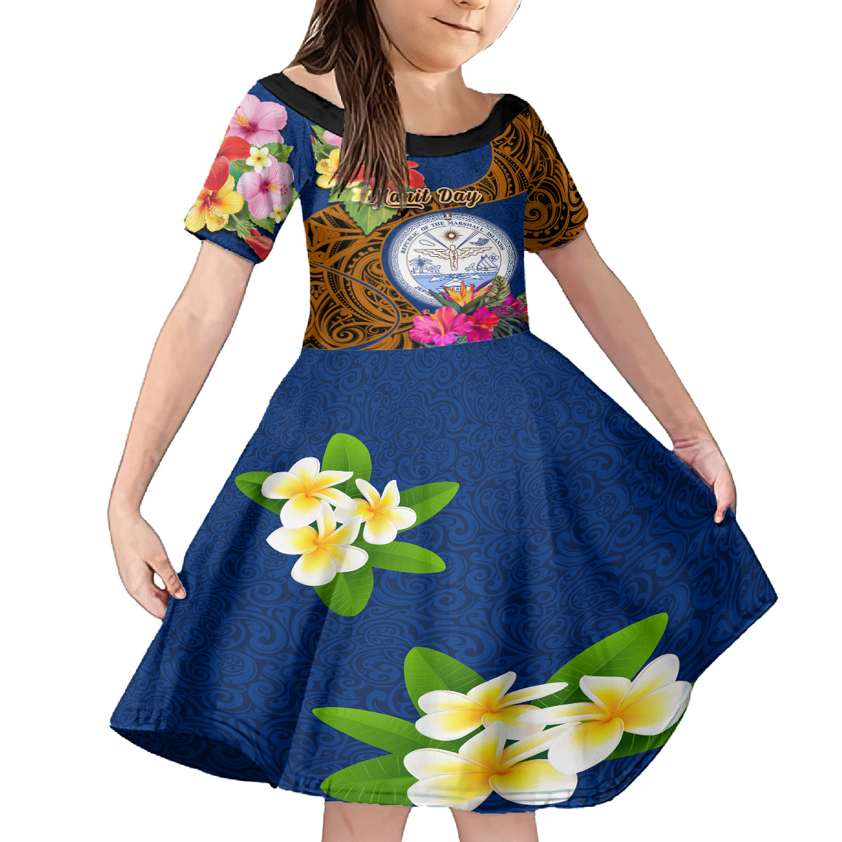 marshall-islands-manit-day-kid-short-sleeve-dress-marshall-seal-mix-hibiscus-flower-maori-pattern-style