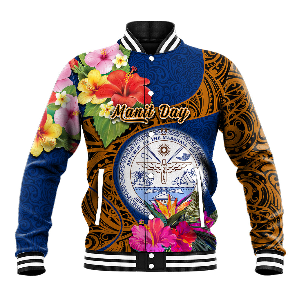 Personalised Marshall Islands Manit Day Baseball Jacket Marshall Seal Mix Hibiscus Flower Maori Pattern Style LT03 Unisex Blue - Polynesian Pride