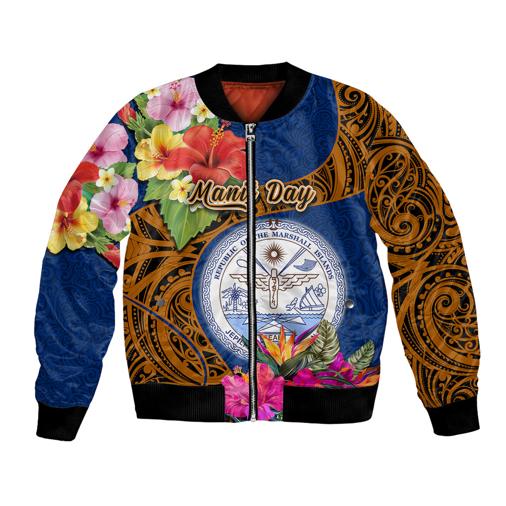 Personalised Marshall Islands Manit Day Bomber Jacket Marshall Seal Mix Hibiscus Flower Maori Pattern Style LT03 Unisex Blue - Polynesian Pride