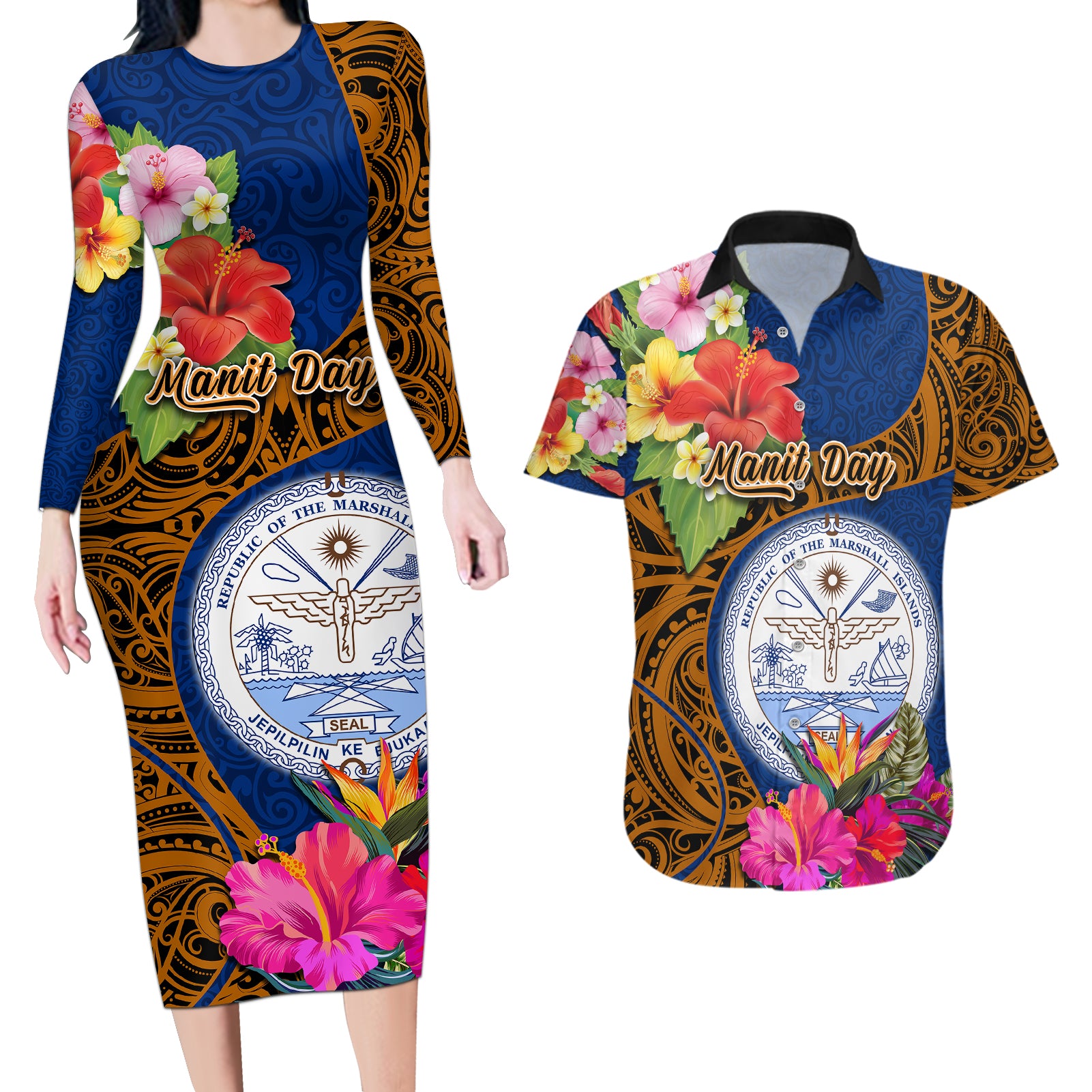 personalised-marshall-islands-manit-day-couples-matching-long-sleeve-bodycon-dress-and-hawaiian-shirt-marshall-seal-mix-hibiscus-flower-maori-pattern-style