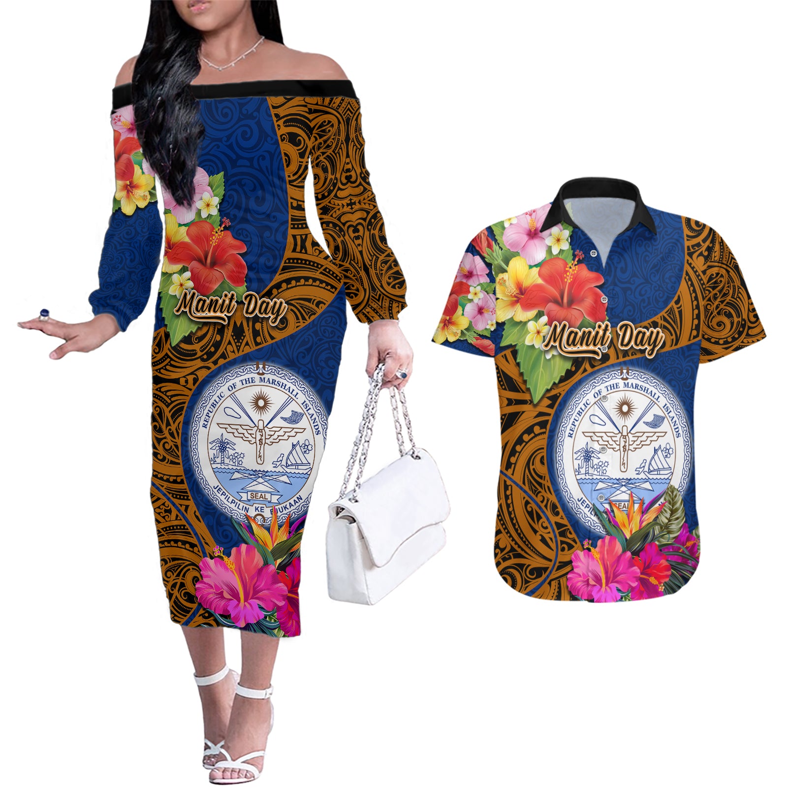 personalised-marshall-islands-manit-day-couples-matching-off-the-shoulder-long-sleeve-dress-and-hawaiian-shirt-marshall-seal-mix-hibiscus-flower-maori-pattern-style