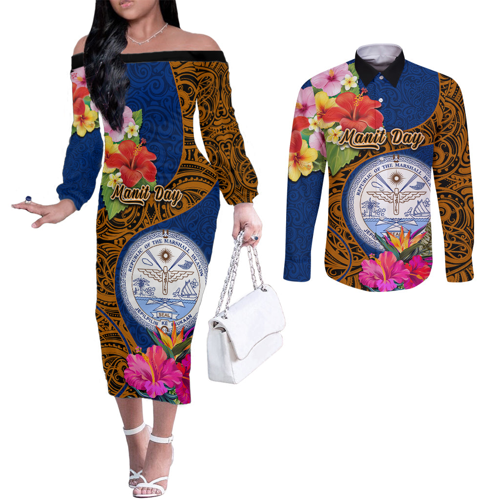 personalised-marshall-islands-manit-day-couples-matching-off-the-shoulder-long-sleeve-dress-and-long-sleeve-button-shirts-marshall-seal-mix-hibiscus-flower-maori-pattern-style