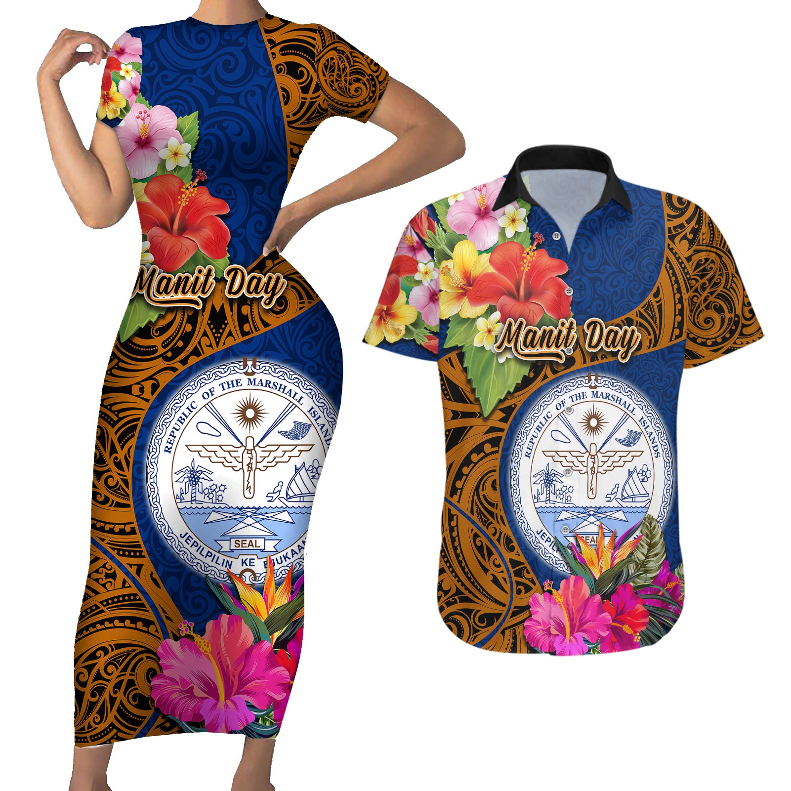 personalised-marshall-islands-manit-day-couples-matching-short-sleeve-bodycon-dress-and-hawaiian-shirt-marshall-seal-mix-hibiscus-flower-maori-pattern-style