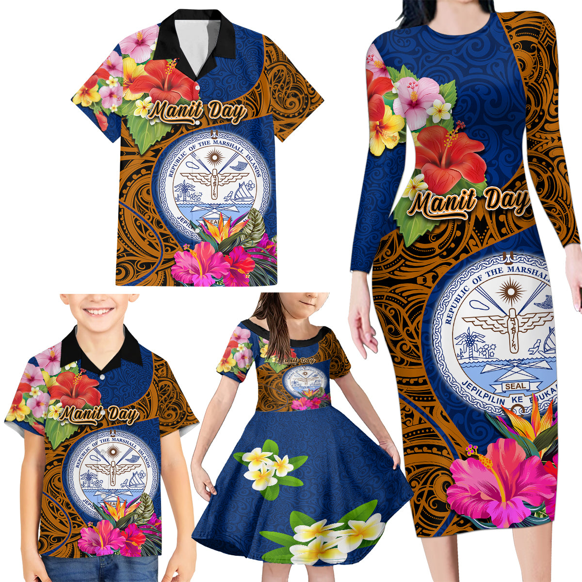 personalised-marshall-islands-manit-day-family-matching-long-sleeve-bodycon-dress-and-hawaiian-shirt-marshall-seal-mix-hibiscus-flower-maori-pattern-style