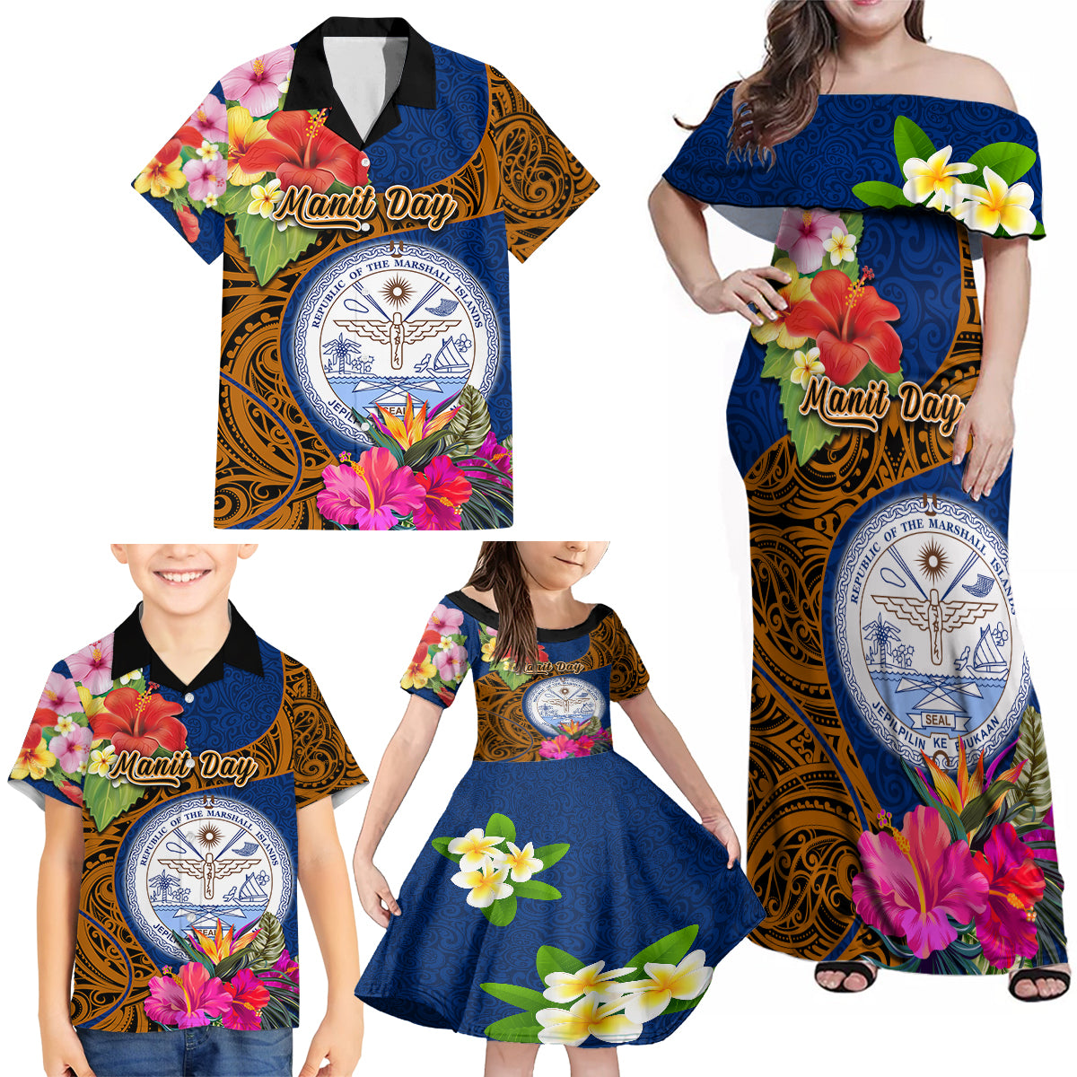 personalised-marshall-islands-manit-day-family-matching-off-shoulder-maxi-dress-and-hawaiian-shirt-marshall-seal-mix-hibiscus-flower-maori-pattern-style