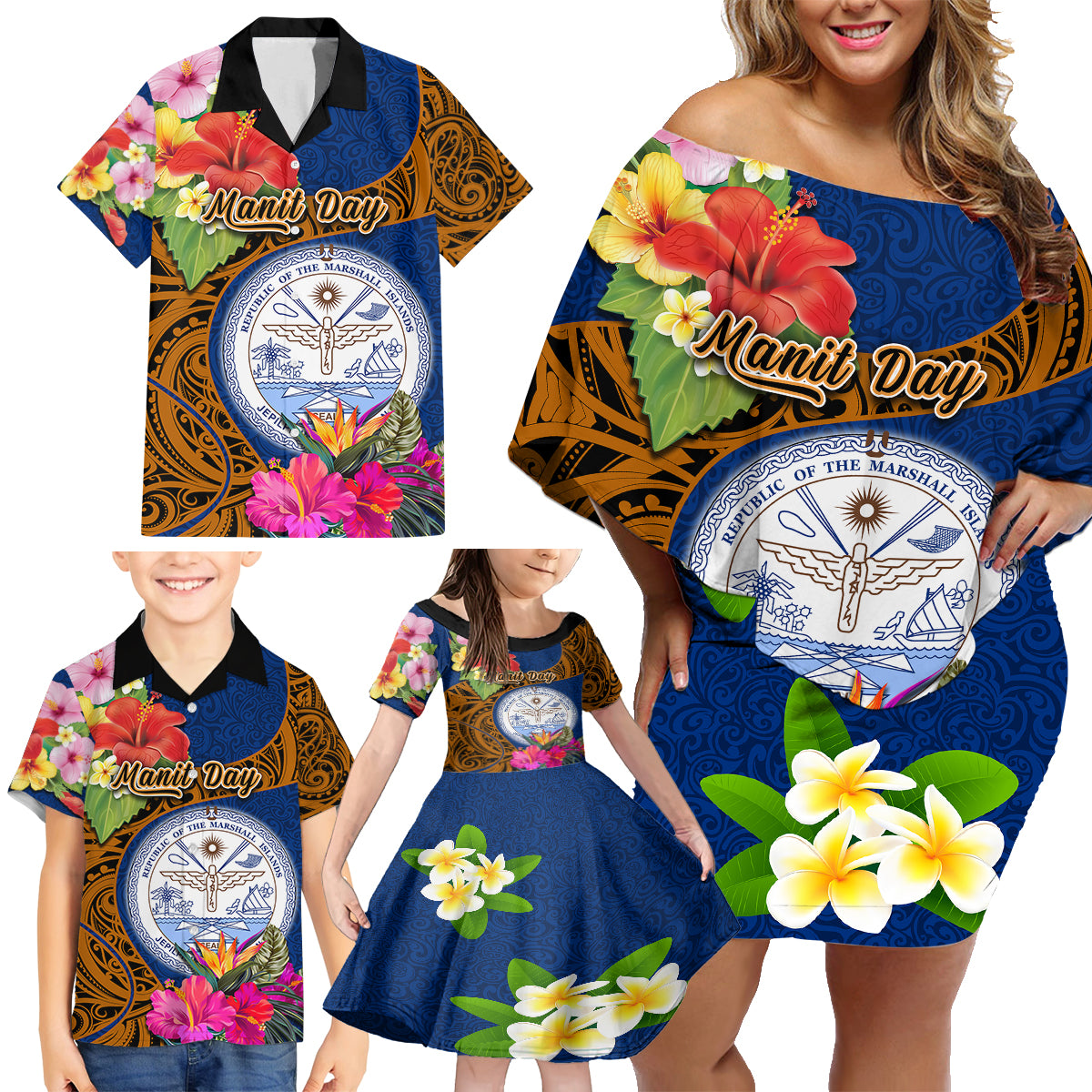 personalised-marshall-islands-manit-day-family-matching-off-shoulder-short-dress-and-hawaiian-shirt-marshall-seal-mix-hibiscus-flower-maori-pattern-style