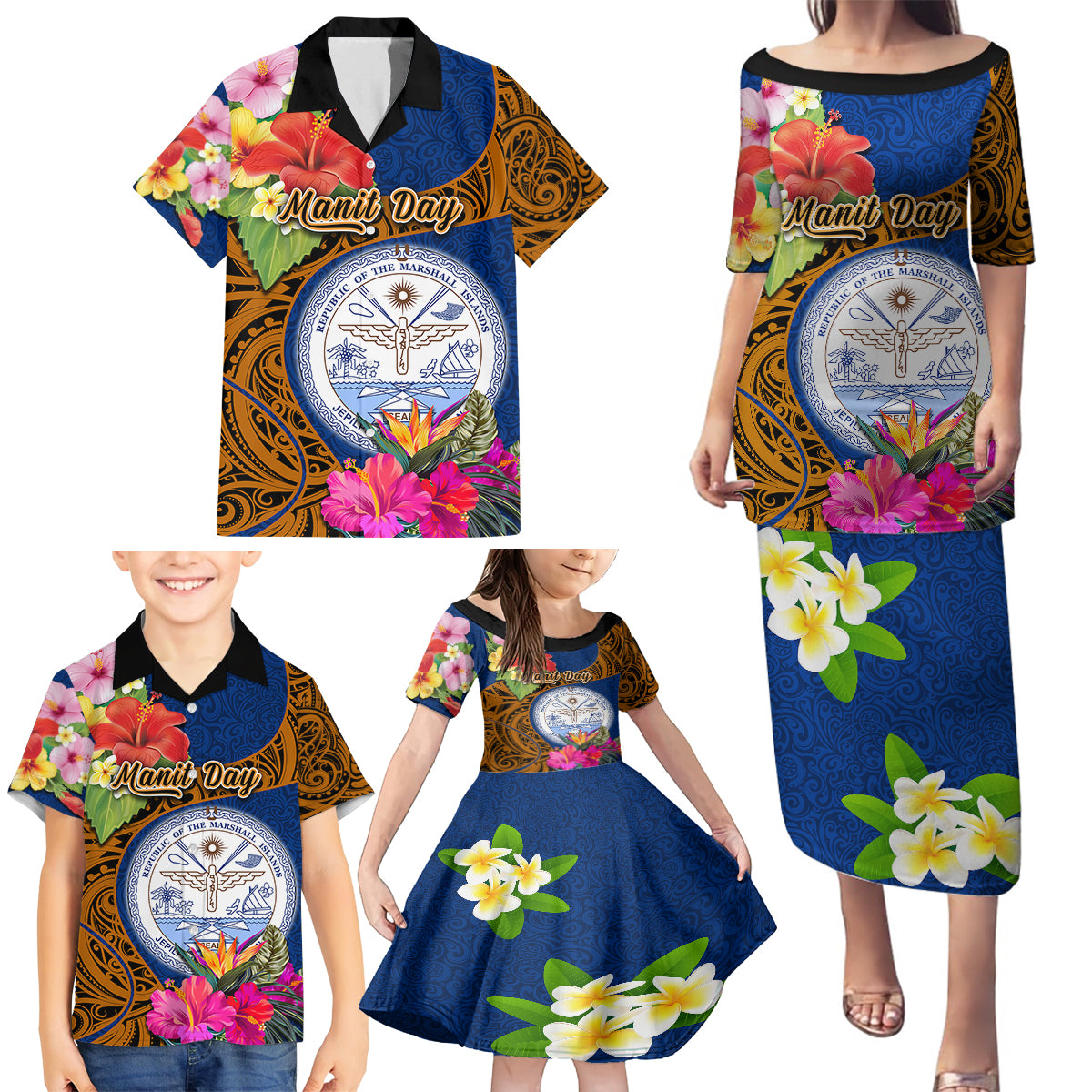 Personalised Marshall Islands Manit Day Family Matching Puletasi Dress and Hawaiian Shirt Marshall Seal Mix Hibiscus Flower Maori Pattern Style LT03 - Polynesian Pride